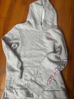 adidas Kids Gray Hoodie with Pink Chest Logo and Blue-Pink Sleeve Graphic